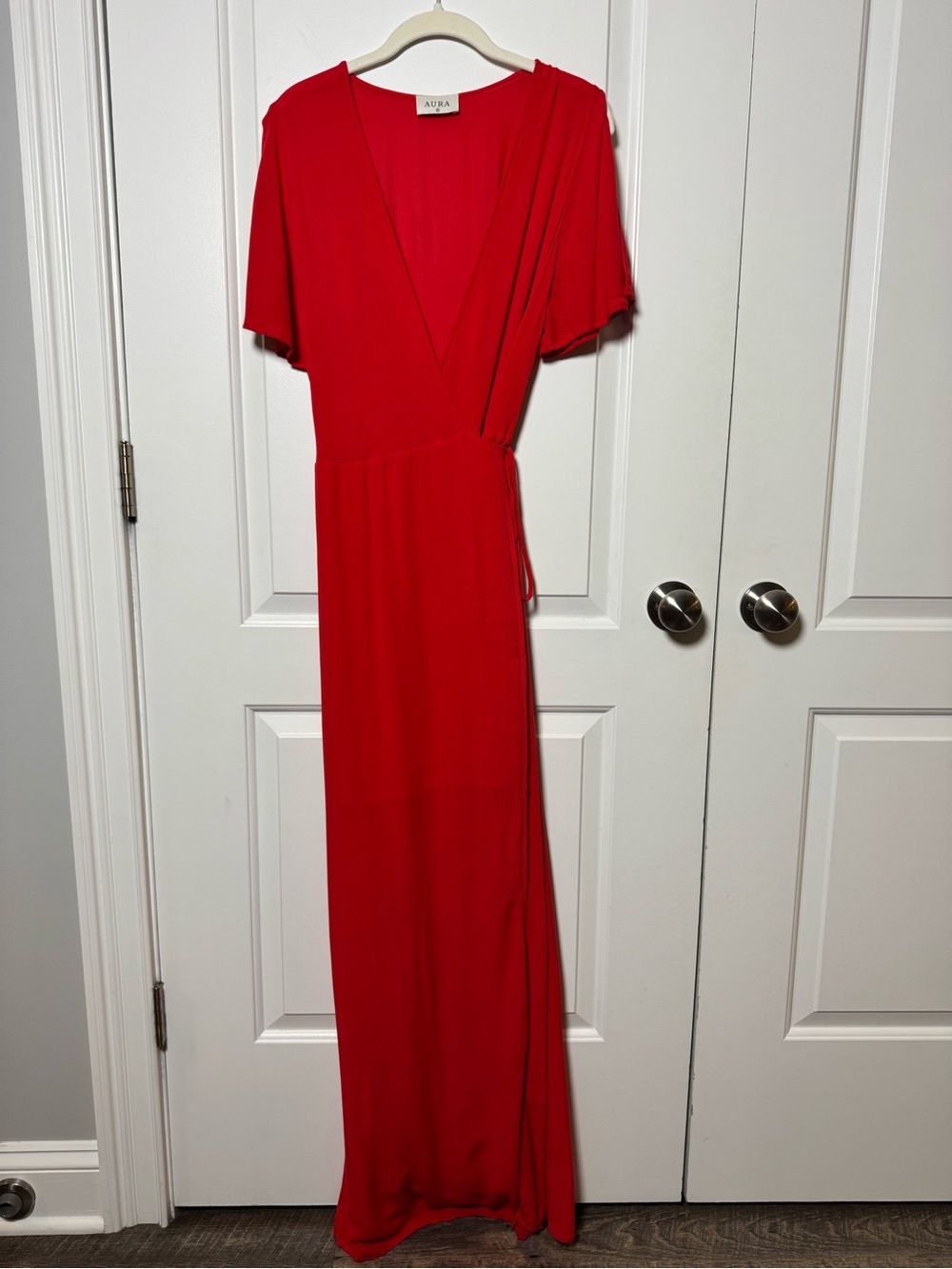 Aura Red Flutter Sleeve Wrap Maxi Dress Size Medium Wedding Guest